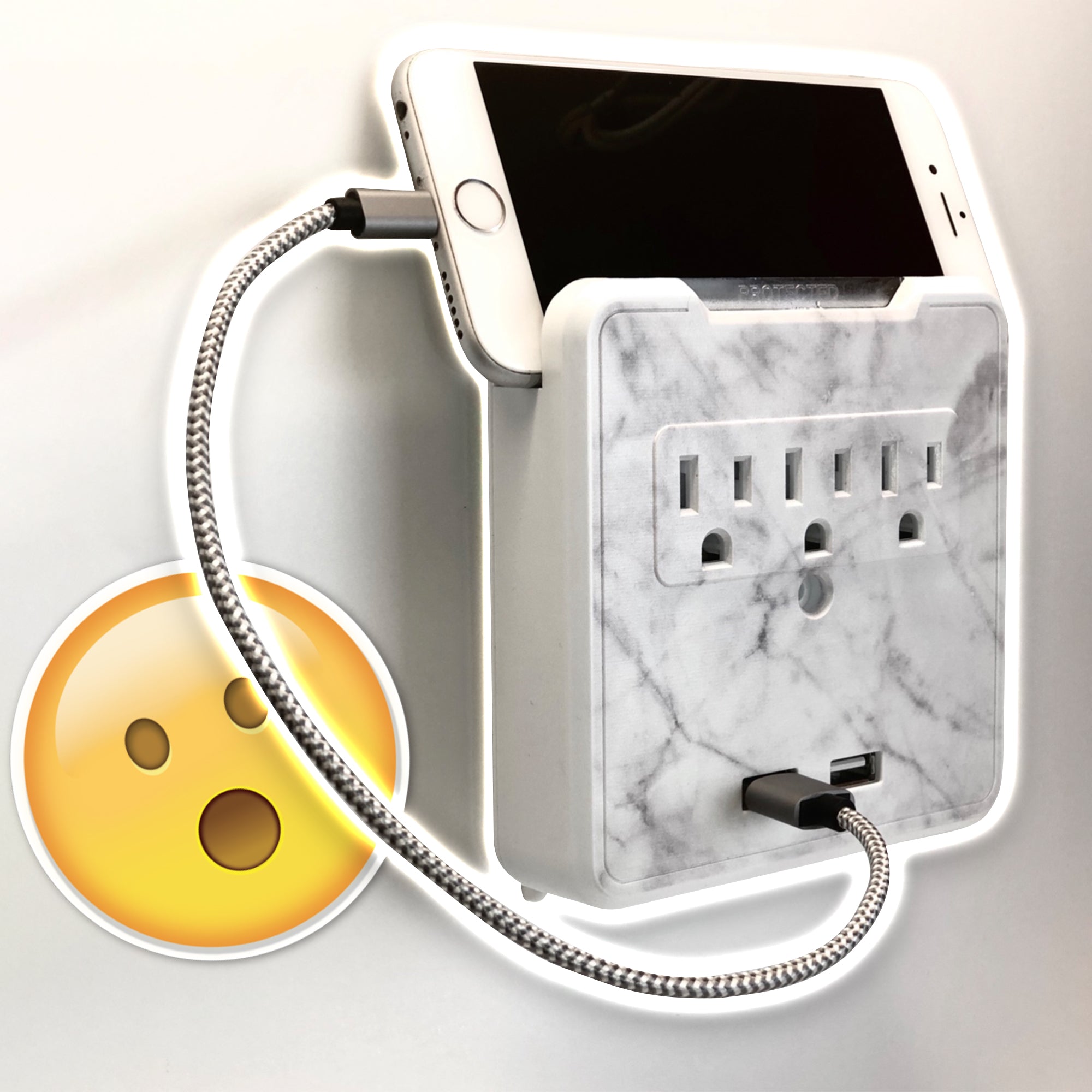 Kelvin Glamsocket, Marble, Decorative Wall Mount Surge Protector with 3 Outlets, Dual USB Charging Ports and Phone Holder - USB Charging Center/Multi Function Wall Tap