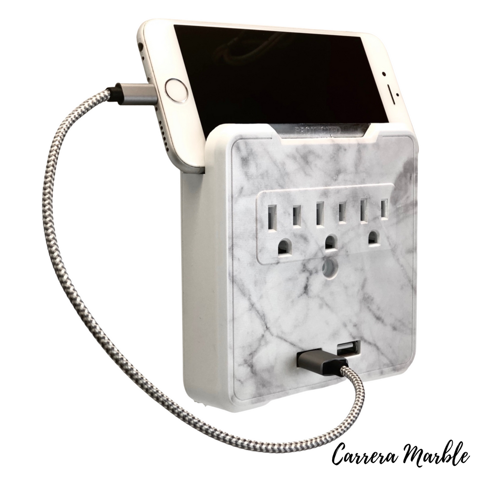 Kelvin Glamsocket, Marble, Decorative Wall Mount Surge Protector with 3 Outlets, Dual USB Charging Ports and Phone Holder - USB Charging Center/Multi Function Wall Tap