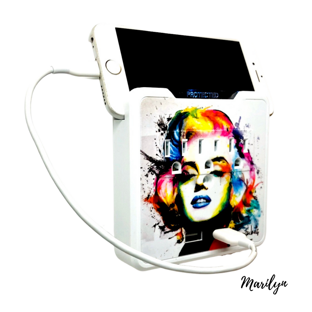 Kelvin Glamsocket, Marilyn, Decorative Wall Mount Surge Protector with 3 Outlets, Dual USB Charging Ports and Phone Holder - USB Charging Center/Multi Function Wall Tap