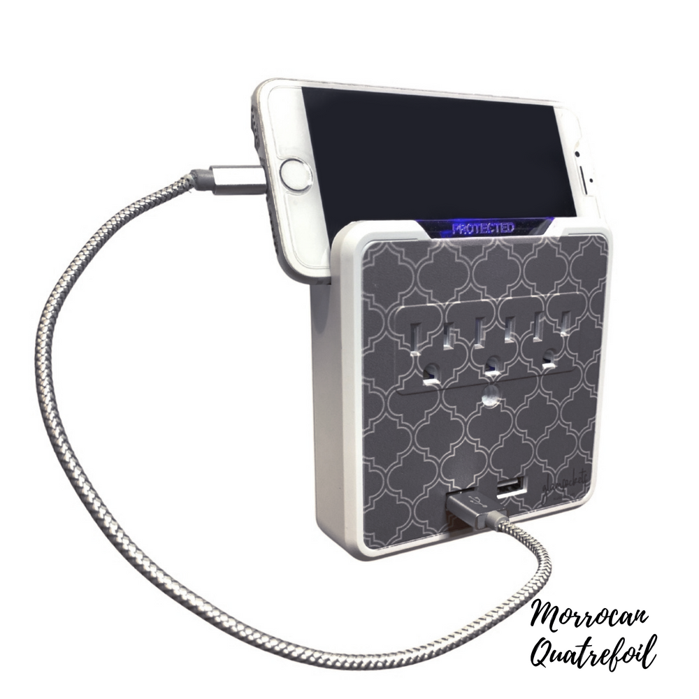 Kelvin Glamsocket, Morrocan Quatrefoil design, Decorative Wall Mount Surge Protector with 3 Outlets, Dual USB Charging Ports and Phone Holder - USB Charging Center/Multi Function Wall Tap