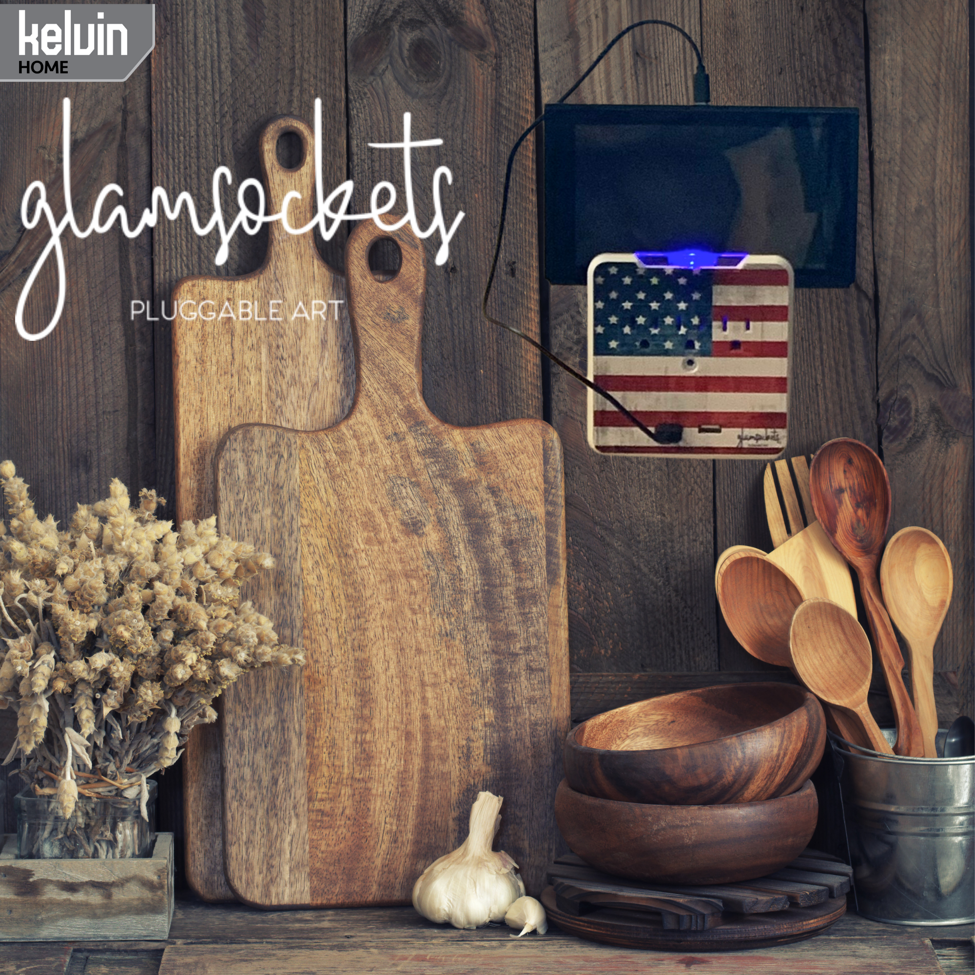 Lifestyle image Kelvin Glamsocket, US Flag design, Decorative Wall Mount Surge Protector with 3 Outlets, Dual USB Charging Ports and Phone Holder - USB Charging Center/Multi Function Wall Tap