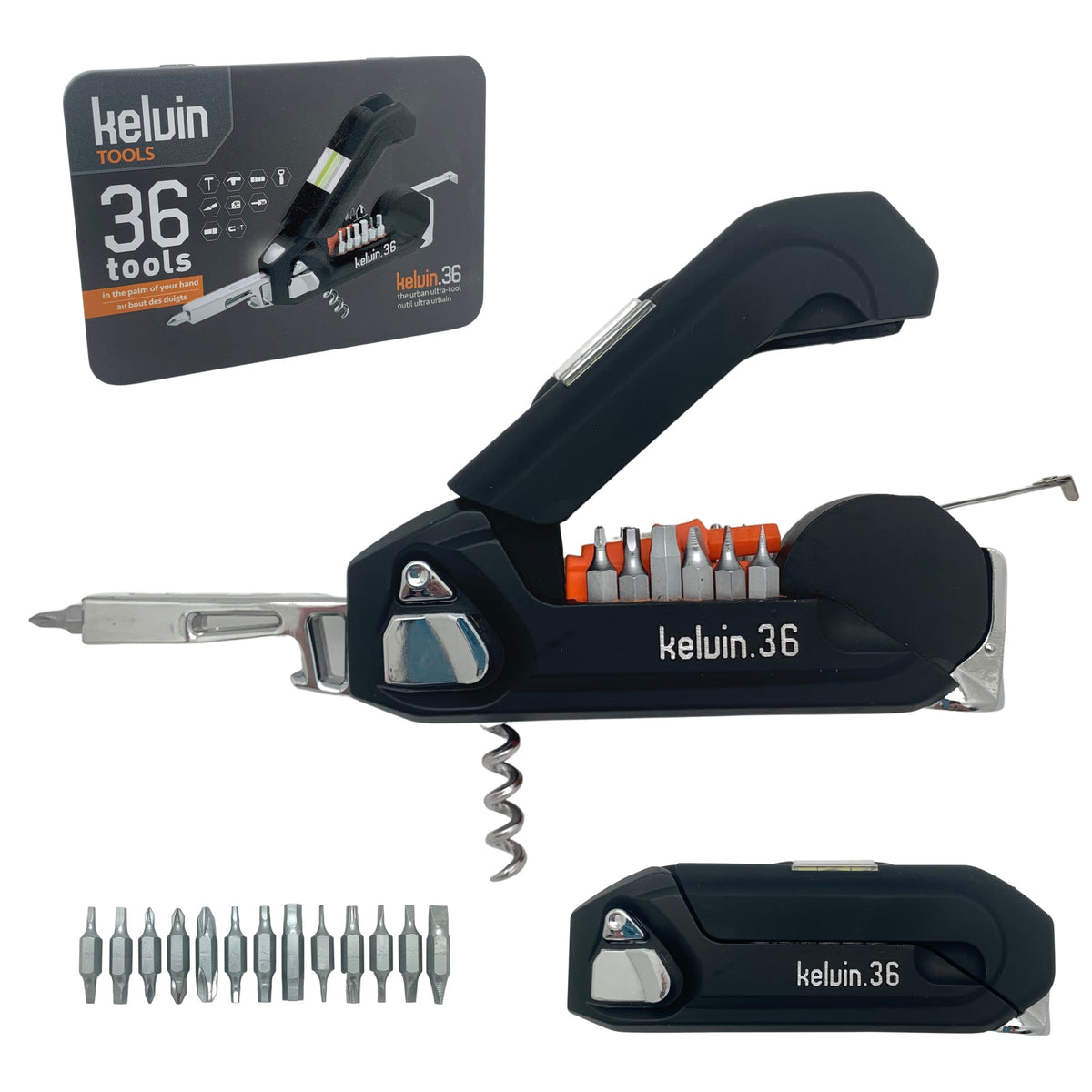 Kelvin 36 multitool with its bits laid out