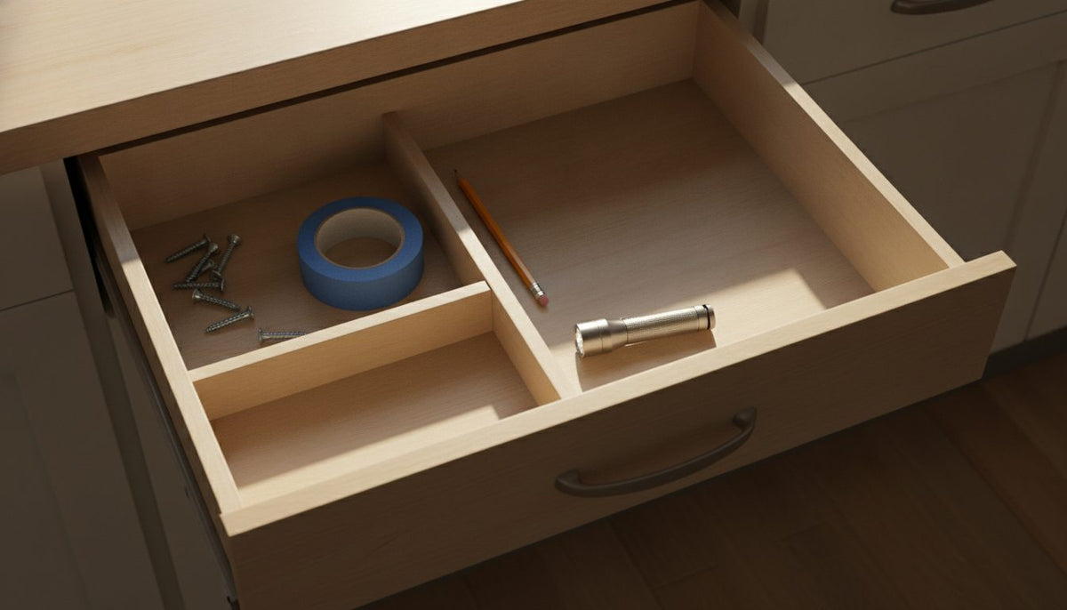 A tidy kitchen drawer with tape, a pencil and a flashlight