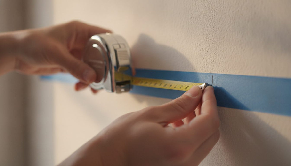 Measuring a wall with a tape and painter's tape mark