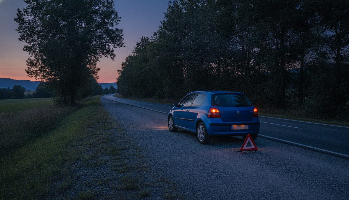 Car on the shoulder at dusk with hazard lights and a warning triangle