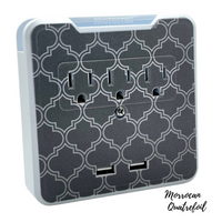 Kelvin Glamsocket, Morrocan Quatrefoil design, Decorative Wall Mount Surge Protector with 3 Outlets, Dual USB Charging Ports and Phone Holder - USB Charging Center/Multi Function Wall Tap